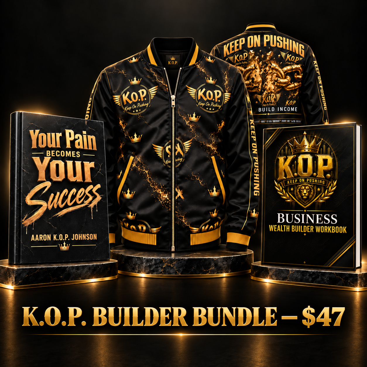 K.O.P. Builder Bundle with hardcover book, bomber jacket, and Wealth Builder Workbook